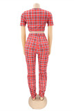 Red Fashion Casual Plaid Print Hollowed Out O Neck Short Sleeve Two Pieces