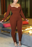 Brown Work Daily Solid Hollowed Out U Neck Regular Jumpsuits