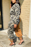 Yellow Fashion Casual Camouflage Print Patchwork O Neck Long Sleeve Two Pieces