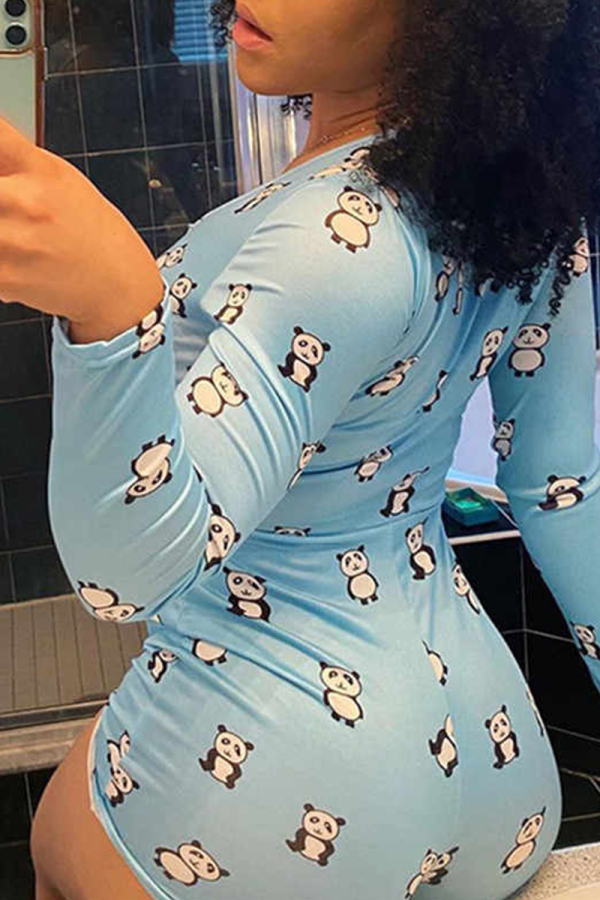 Blue Sexy Print Split Joint O Neck Skinny Jumpsuits