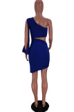 Deep Blue Fashion Sexy Solid Hollowed Out Oblique Collar Long Sleeve Dresses