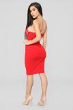 Red Polyester Fashion Sexy Spaghetti Strap Sleeveless Slip Step Skirt Knee-Length Patchwork Solid Club