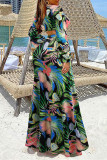 Blue Fashion Sexy Print Slit V Neck Long Sleeve Two Pieces