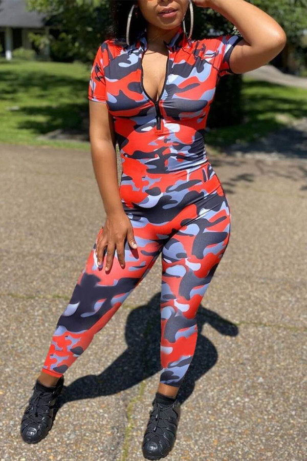Red Street Print O Neck Regular Jumpsuits