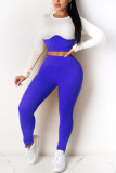 Blue Sexy Casual Polyester Pit Article Fabrics Patchwork Solid Split Joint O Neck Long Sleeve Regular Sleeve Short Two Pieces