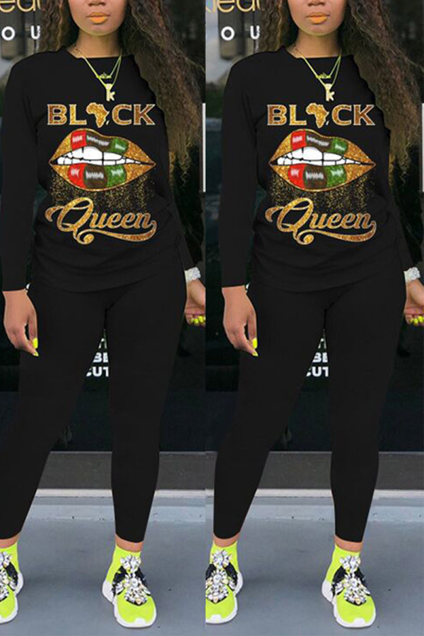 Black Fashion Casual Letter Lips Printed Basic O Neck Long Sleeve Two Pieces