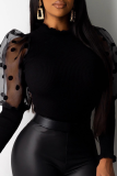 Red Sweet Patchwork Mesh Half A Turtleneck Tops