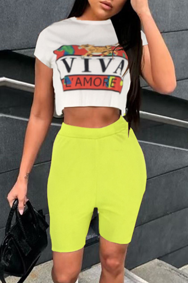 White Green Fashion Casual Letter Print Basic O Neck Short Sleeve Two Pieces
