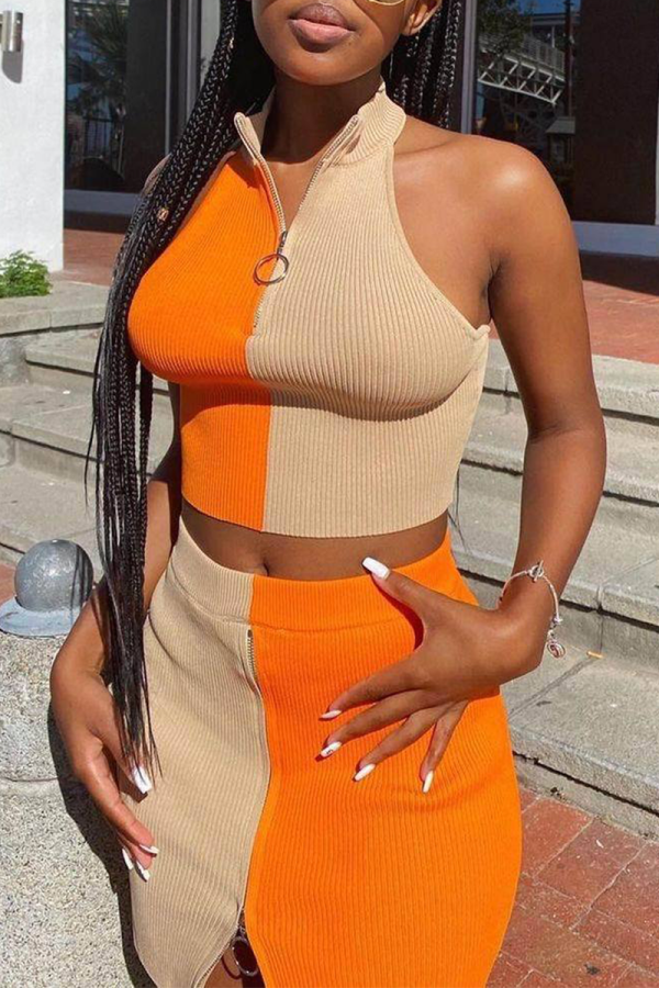 Tangerine Red Sexy Solid Patchwork Turndown Collar Sleeveless Two Pieces