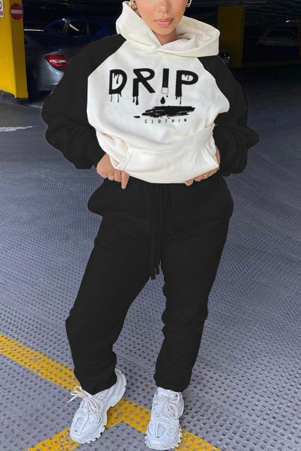 Black Street Print Hooded Collar Long Sleeve Two Pieces