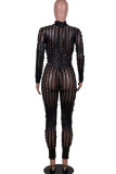 Silver Solid Ripped Hollowed Out See-through O Neck Regular Jumpsuits