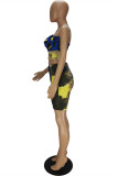Deep Blue Fashion Sexy Print Patchwork Backless Spaghetti Strap Sleeveless Two Pieces