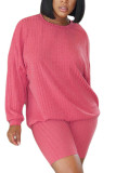 Pink Fashion Casual Adult Polyester Solid O Neck Long Sleeve Regular Sleeve Regular Two Pieces
