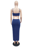 Color Blue Sexy Solid Hollowed Out Patchwork Spaghetti Strap Pencil Skirt Dresses