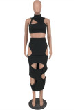 Black Fashion Sexy Solid Hollowed Out Half A Turtleneck Sleeveless Two Pieces