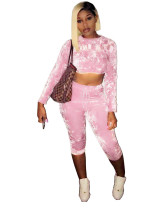 Pink Elastic Fly Mid Solid pencil Capris Two-piece suit