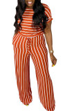 Orange Fashion Casual Print Striped Patchwork bandage Polyester Short Sleeve O Neck Jumpsuits