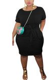 Black Polyester Fashion Sexy adult Ma'am O Neck Solid Plus Size