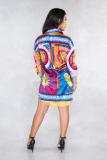 multicolor Polyester Sexy Fashion adult Cap Sleeve Long Sleeves O neck Straight Mini Patchwork Print