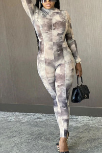Grey Sexy Polyester Print O Neck Skinny Jumpsuits