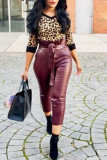 Wine Red Fashion Casual Solid With Belt Regular High Waist Trousers