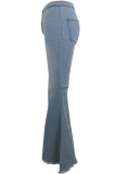 Blue Denim Button Fly Zipper Fly High Zippered Solid washing Pocket Boot Cut Pants Pants