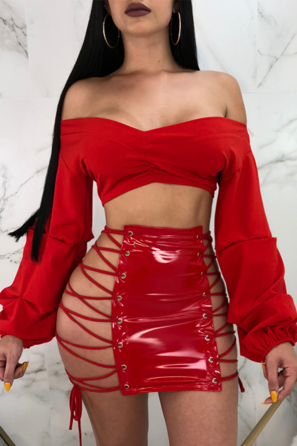 Red Sexy Solid Frenulum Skinny Mid Waist Type A Solid Color Bottoms