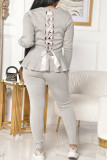 Grey Fashion Celebrities Adult Polyester Solid Bandage Flounce O Neck Long Sleeve Regular Sleeve Regular Two Pieces