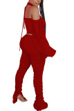 Red Fashion Daily Adult Solid Bandage Halter Long Sleeve Hubble-Bubble Sleeve Short Two Pieces
