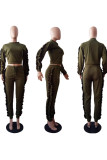 Army Green Street Solid Split Joint Draw String O Neck Long Sleeve Two Pieces