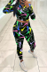 Black Street Print Patchwork Mandarin Collar Long Sleeve Two Pieces