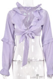 Purple Street Solid Bandage Patchwork Frenulum Flounce V Neck Mid Waist Tops