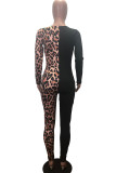 Black Casual Print Leopard Split Joint V Neck Regular Jumpsuits