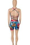 Blue Pink Sexy Print Patchwork Spaghetti Strap Skinny Rompers