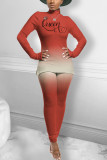Red Casual Gradual Change Print O Neck Long Sleeve Two Pieces