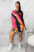Orange Polyester Fashion Casual Two Piece Suits Tie Dye asymmetrical Loose Short Sleeve Two-Piece Short Se