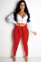 Red Polyester Sexy Fashion backless Patchwork asymmetrical pencil Long Sleeve Two-piece Pants Set