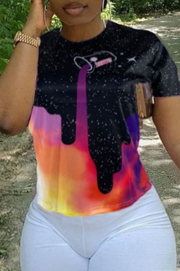 Black Fashion Casual Print Basic O Neck T-Shirts