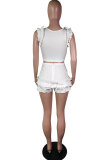 White Polyester Sexy Fashion Patchwork ruffle Solid Straight Sleeveless Two-Piece Short Set