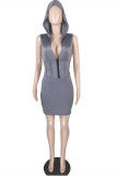 Grey Sexy Casual Solid Basic Hooded Collar Sleeveless Dress Dresses