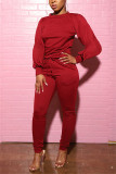 Wine Red Fashion Casual Solid Basic O Neck Long Sleeve Two Pieces