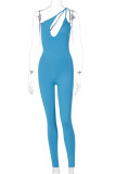 Blue Fashion Sexy Solid Hollowed Out Oblique Collar Skinny Jumpsuits