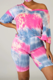 Pink Sportswear Patchwork Tie-dye O Neck Half Sleeve Two Pieces