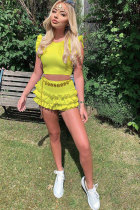 Yellow Polyester Sexy Fashion Patchwork ruffle Solid Straight Sleeveless Two-Piece Short Set