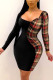 Black Sexy Print Square Collar Pencil Skirt Dresses