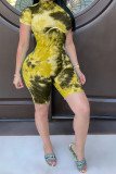 Yellow Fashion Casual Tie-dyed Short Sleeve Mandarin Collar Jumpsuits