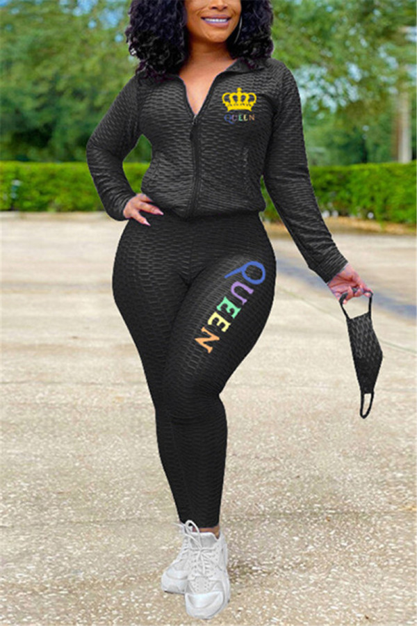 Black Fashion Casual Print Letter Hooded Collar Long Sleeve Two Pieces（With Mask)