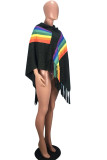 White Scarf Collar Rainbow Patchwork tassel Others Long Sleeve 