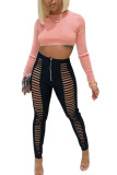 Pink Fashion Casual Adult Twilled Satin Solid Ripped Split Joint O Neck Long Sleeve Regular Sleeve Short Two Pieces