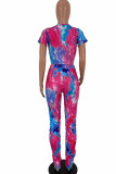 rose red venetian Fashion Sexy Tie Dye Two Piece Suits pencil Short Sleeve Two Pieces